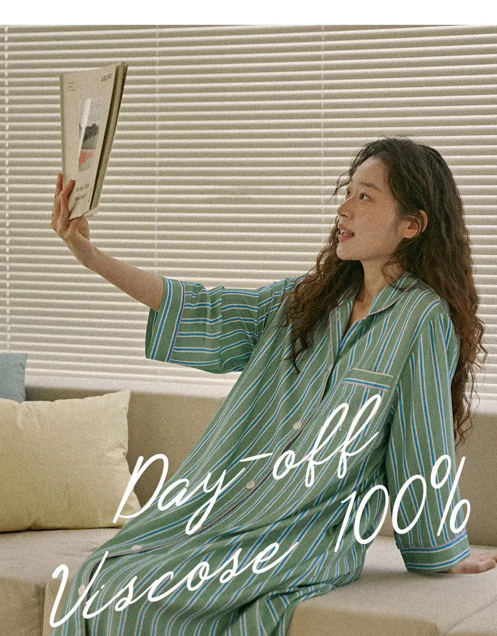 보웰 [BWTZ] 데이오프 비스코스 100% 파자마 원피스 그린스트라이프 상세페이지 3